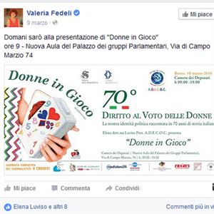 Valeria Fedeli presente alla Camera per 'Donne in gioco'